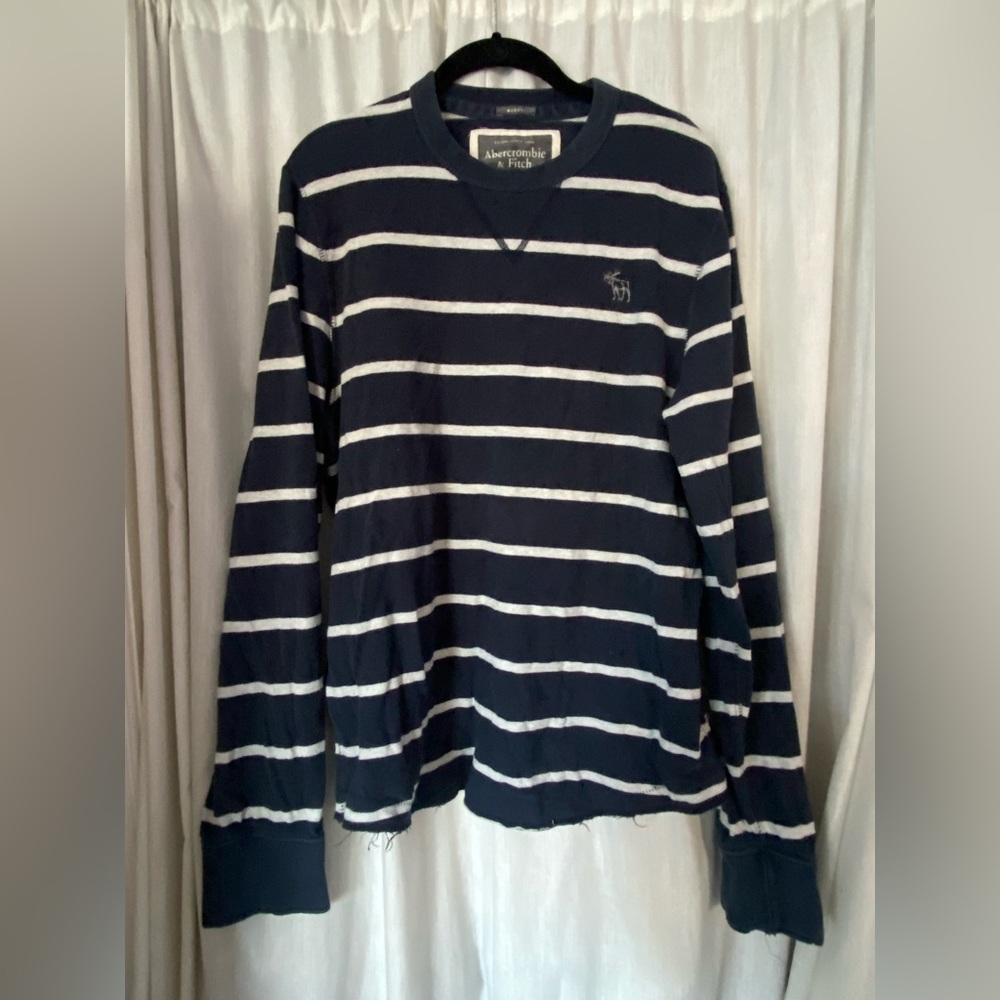 Abercrombie & Fitch Long Sleeve Muscle 💪 Shirt Navy Blue & Heather Gray Stripe